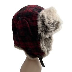 Old Navy Wool blend Red Black Plaid Trapper Hat Faux Fur Trim Winter Mens L/XL